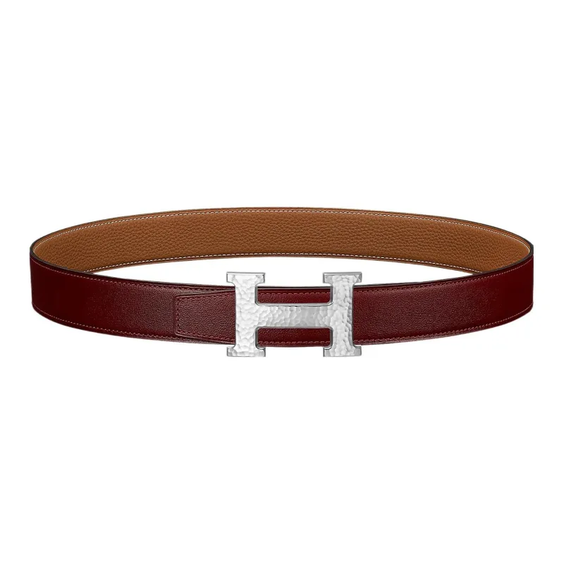 HERMES H Martelee H Logo Silver Buckle Epsom Calfskin Double Sided Leather Belt Women's Red/Brown Width 3.2cm-0