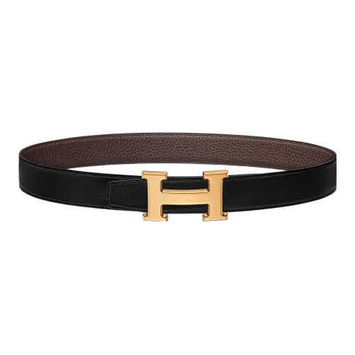 HERMES Letter Comfortable Double Sided Gold Buckle Togo Calfskin Double Sided Leather Belt Women's Black Width  3.2cm