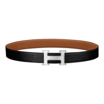 HERMES Individual Silver Buckle Togo Calfskin Double Sided Leather Belt Women's Black/Brown Width  3.2cm