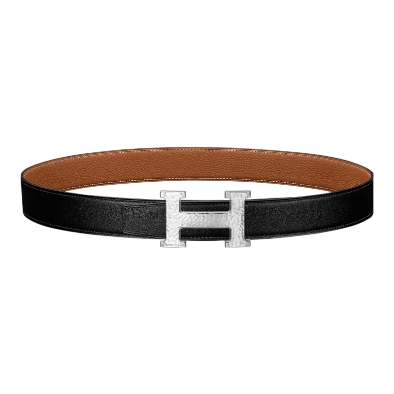 HERMES H Martelee Individual Silver Buckle Togo Calfskin Double Sided Leather Belt Women's Black/Brown Width 3.2cm-0