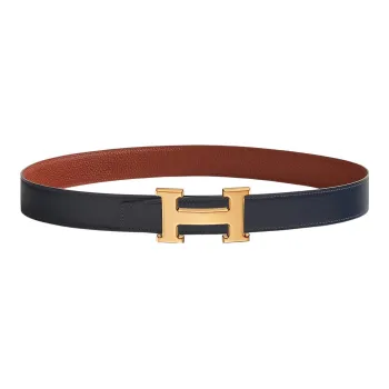 HERMES Comfortable Gold Buckle Togo Calfskin Double-Sided Leather Belt Women's Marine Blue/Burnt Red Width: 3.2cm