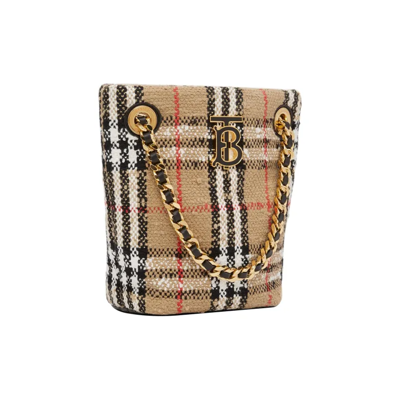 Burberry Vintage Cowhide Cotton Polyamide Wool Loena Bucket Bag Handbag Shoulder Bag Crossbody Bag Mini Women's Beige-1