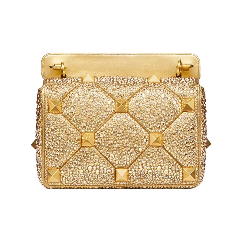 Valentino Roman Stud Rhinestone Embroidery Crossbody Bag, Shoulder Bag Women's Ancient Brass-1