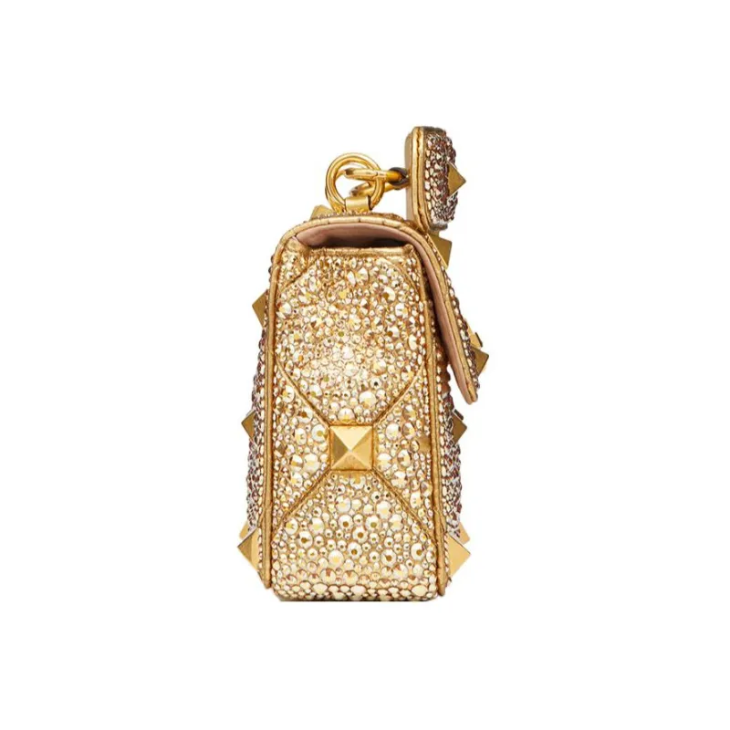 Valentino Roman Stud Rhinestone Embroidery Crossbody Bag, Shoulder Bag Women's Ancient Brass-3