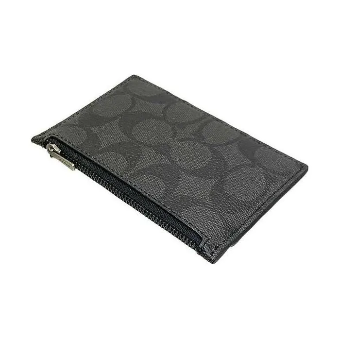 COACH Monogram Canvas With Leather Zip Card Holder Coin Purse Unisex Charcoal Black Monogram-1