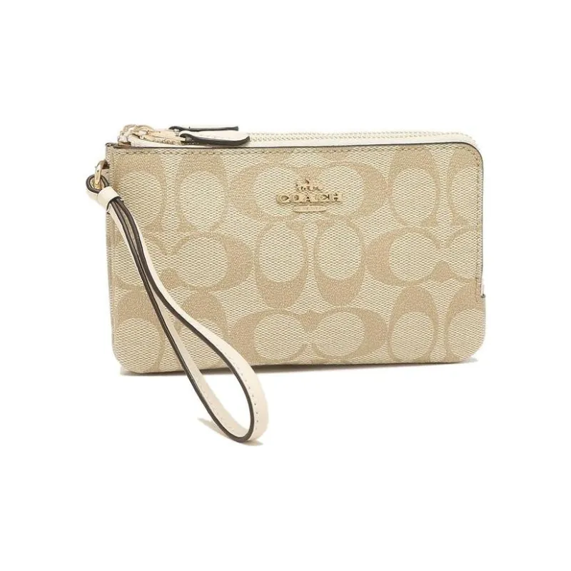 COACH Corner Zip Coated Canvas Mahjong Themed Wrist Bags And Clutches Small Size Women's Light Khaki & White-1