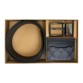 COACH Boxed Coated Canvas With Refined Cow Leather Belt Card Holder Men's Bronze/Charcoal/Black