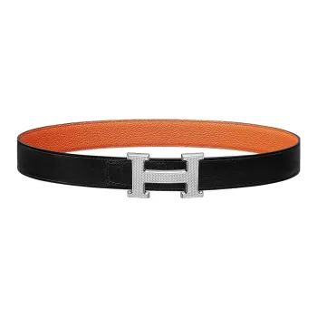 HERMES Letter Etched Silver Buckle Togo Calfskin Double Sided Leather Belt Women's Black Width  3.2cm