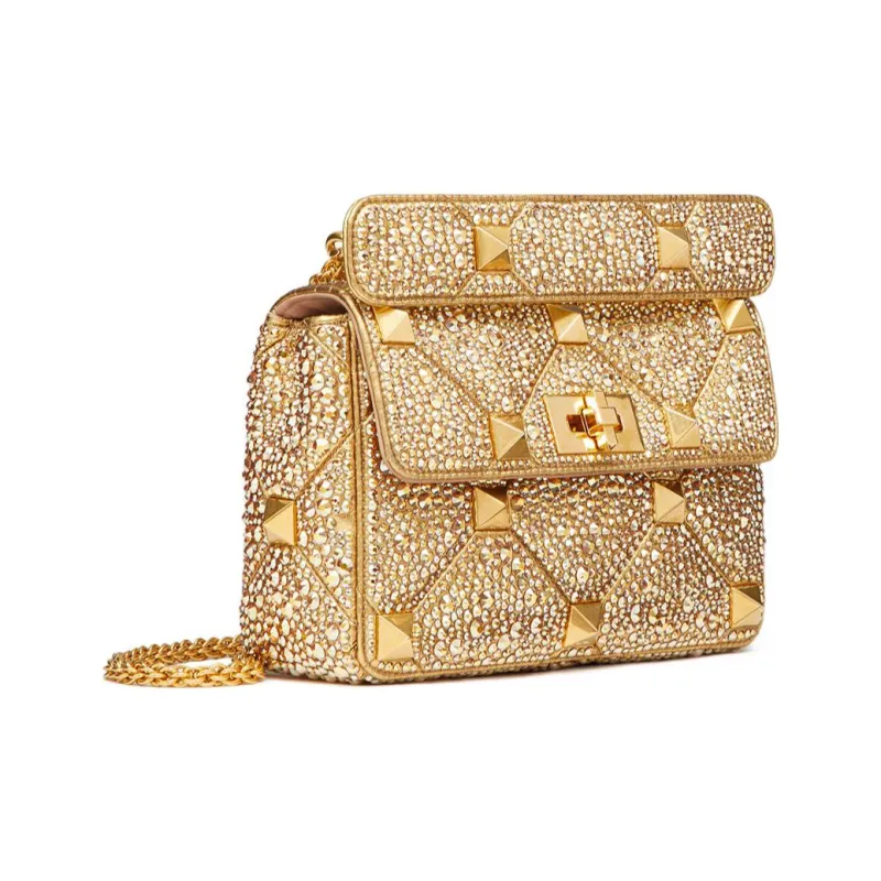 Valentino Roman Stud Rhinestone Embroidery Crossbody Bag, Shoulder Bag Women's Ancient Brass-2