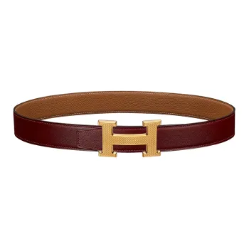 HERMES H Guillochee Fashion Minimalist Style Gold Buckle Epsom Calfskin Belt Women's Dark Red/Brown Width 3.2cm