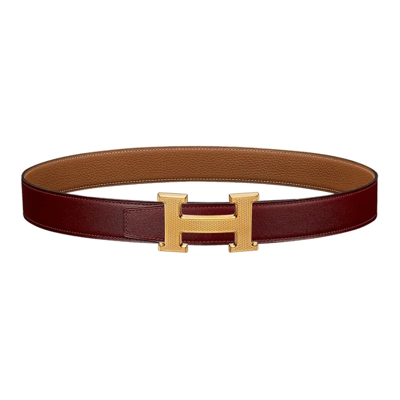 HERMES H Guillochee Fashion Minimalist Style Gold Buckle Epsom Calfskin Belt Women's Dark Red/Brown Width 3.2cm-0