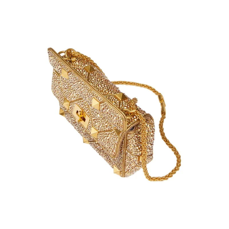 Valentino Roman Stud Rhinestone Embroidery Crossbody Bag, Shoulder Bag Women's Ancient Brass-4