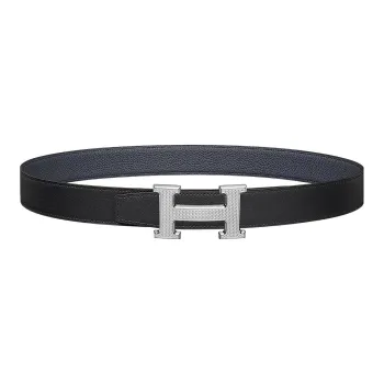 HERMES Letter Etched Silver Buckle Togo Calfskin Double Sided Leather Belt Women's Gray Width 3.2cm