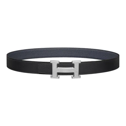 HERMES Letter Etched Silver Buckle Togo Calfskin Double Sided Leather Belt Women's Gray Width 3.2cm