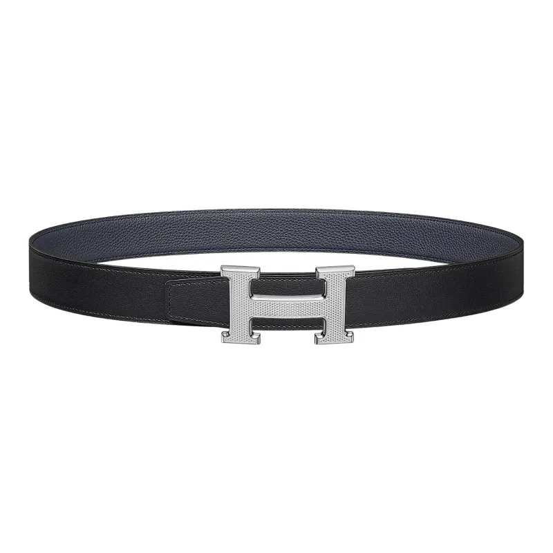 HERMES H Guillochee Letter Etched Silver Buckle Togo Calfskin Double Sided Leather Belt Women's Gray Width 3.2cm-0