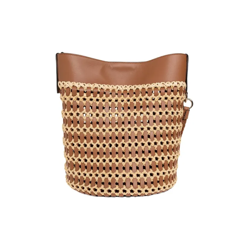FERRAGAMO Studio Cow Leather With Leaf Fiber Bucket Bags Crossbody Bag Shoulder Bag Women's Brown-2