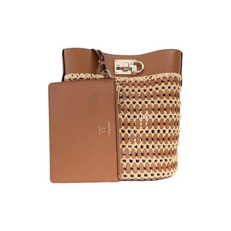 FERRAGAMO Studio Cow Leather With Leaf Fiber Bucket Bags Crossbody Bag Shoulder Bag Women's Brown-3