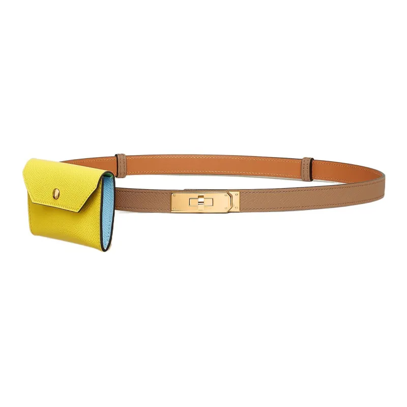 HERMES Kelly Gold Buckle Doublure Calfskin Belt Women's Maraschino Tea/Lemon Yellow Width 1.8cm-0