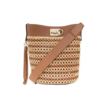 FERRAGAMO Studio Cow Leather With Leaf Fiber Bucket Bags Crossbody Bag Shoulder Bag Women's Brown