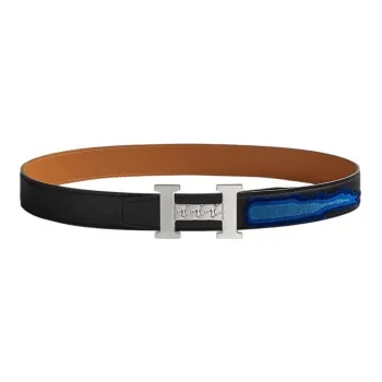 HERMES 5382 Gourmette Double-Sided Silver Buckle Swift Calfskin Belt Unisex Black/Multicolor Width: 3.2cm