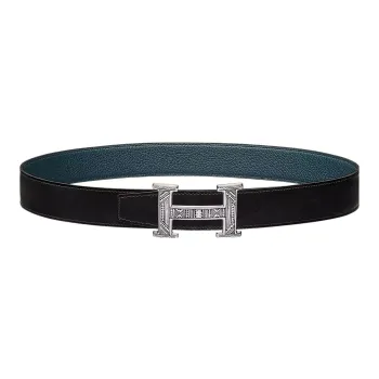 HERMES Letter Embossed Silver Buckle Togo Small Cow Leather Double-Sided Leather Belt Women's Black Width: 3.2cm