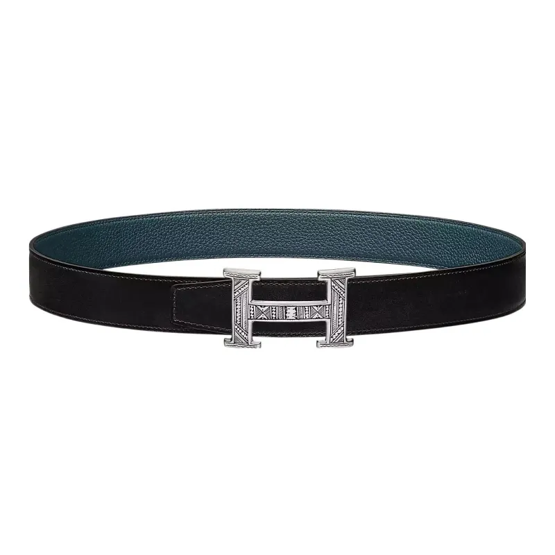 HERMES Letter Embossed Silver Buckle Togo Small Cow Leather Double-Sided Leather Belt Women's Black Width: 3.2cm-0