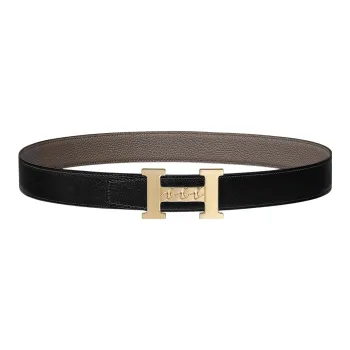 HERMES 5382 Gourmette Double-Sided Gold Buckle Epsom Calfskin Belt Unisex Black/Tin Gray Width: 3.2cm