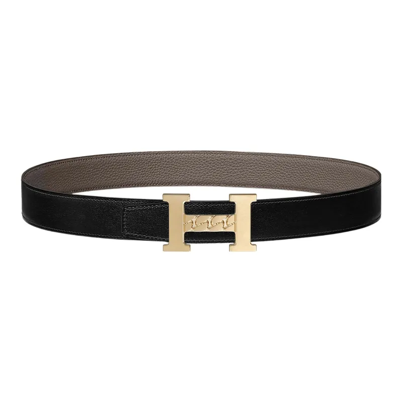 HERMES 5382 Gourmette Double-Sided Gold Buckle Epsom Calfskin Belt Unisex Black/Tin Gray Width: 3.2cm-0