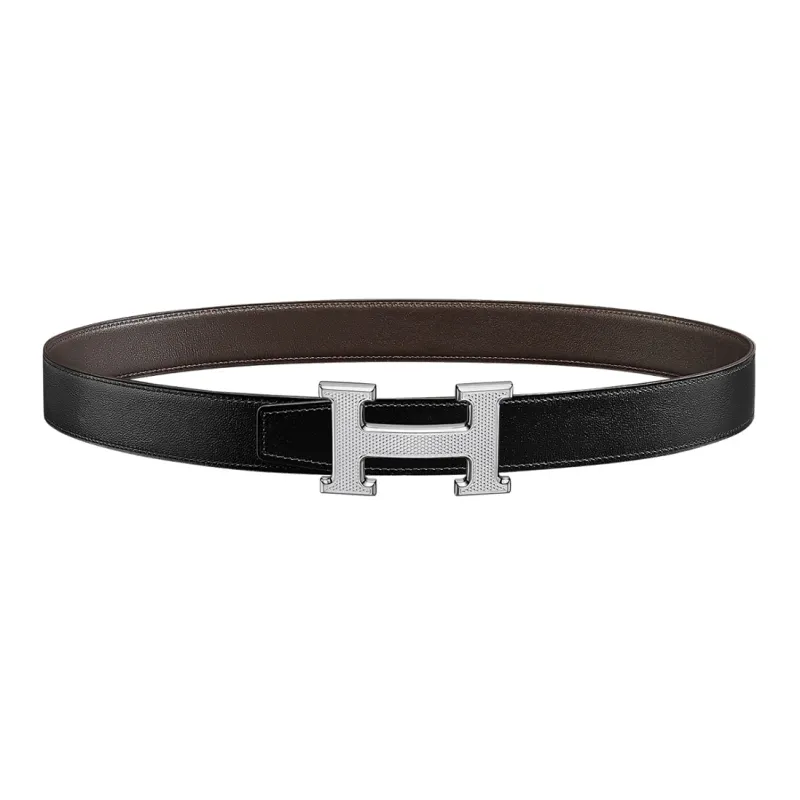 HERMES Togo Avant Garde Silver Buckle Togo Calfskin Double Sided Leather Belt Women's Black/Dark Brown Width 3.2cm-0