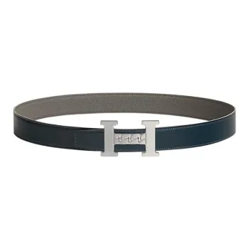HERMES 5382 Gourmette Silver Buckle Togo Calfskin Double-Sided Leather Belt Unisex Marine Blue/Tin Gray Width: 3.2cm