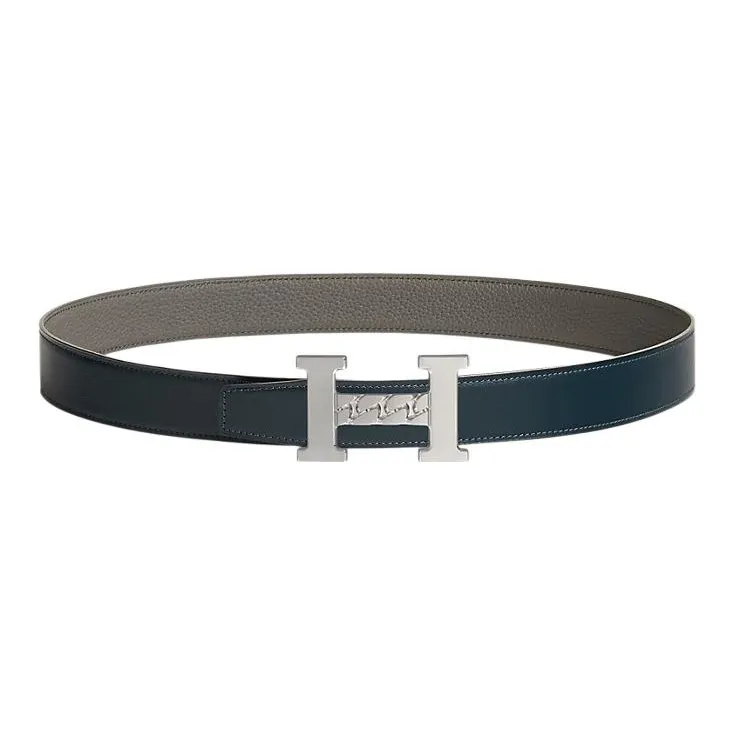 HERMES 5382 Gourmette Silver Buckle Togo Calfskin Double-Sided Leather Belt Unisex Marine Blue/Tin Gray Width: 3.2cm-0