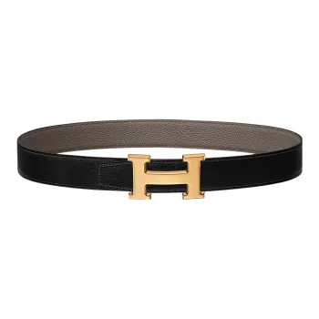 HERMES Gourmette Gold Buckle Epsom Calfskin Double Sided Leather Belt Unisex Black/Tin Gray Width  3.2cm