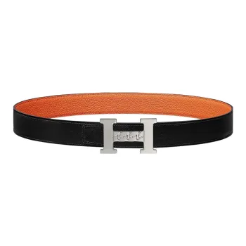 HERMES 5382 Gourmette Silver Buckle Togo Calfskin Double-Sided Leather Belt Unisex Black/Orange Width: 3.2cm
