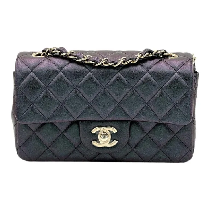 CHANEL Classic Flap CF Lambskin & Gold Tone Lock Crossbody Bag, Shoulder Bag Mini Women's Pearlescent Dazzle Black-1