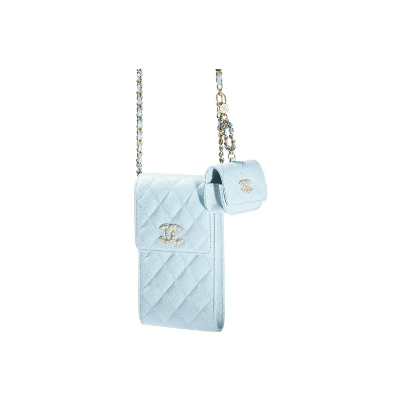 CHANEL 22SS Calfskin Airpods Pro Case, Cell Phone Pouch, Shoulder Bag, Crossbody Bag Women's Blue-1
