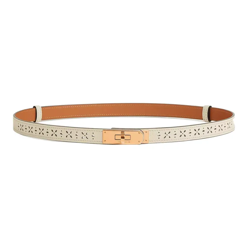 HERMES Cut-Out Design Fashion Minimalist Style Gold Buckle Epsom Calfskin Belt Women's Ecru Width 1.8cm-0