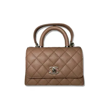 CHANEL Coco Handle Grain Embossed Cow Leather Portable Crossbody Bag, Shoulder Bag Women's Milk Tea Beige/Beige