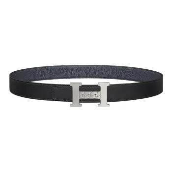 HERMES 5382 Gourmette Silver Buckle Togo Calfskin Double-Sided Leather Belt Unisex Black Width: 3.2cm