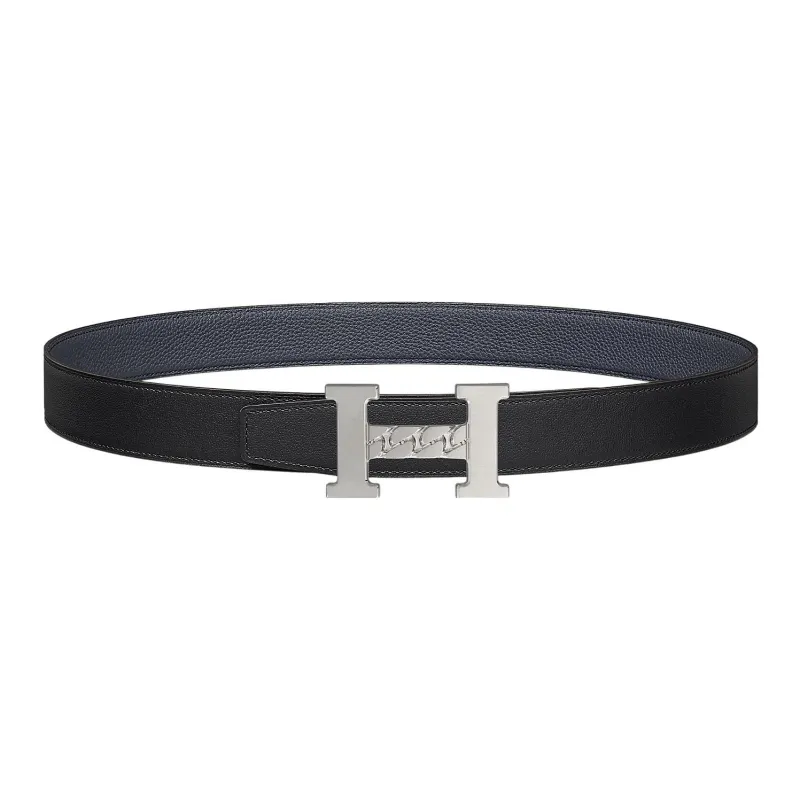 HERMES Togo 5382 Gourmette Silver Buckle Togo Calfskin Double Sided Leather Belt Unisex Black Width 3.2cm-0