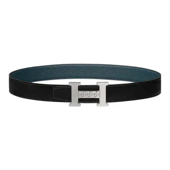 HERMES 5382 Gourmette Silver Buckle Togo Calfskin Double-Sided Leather Belt Unisex Black/Prussian Blue Width: 3.2cm