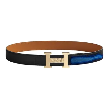 HERMES 5382 Gourmette Double-Sided Gold Buckle Epsom Calfskin Belt Unisex Black/Multicolor Width: 3.2cm