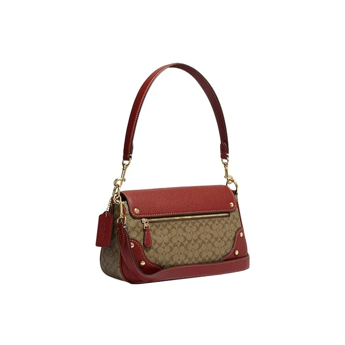 COACH Coated Canvas With Refined Pebbled Leather Handbag Shoulder Bag Women's Khaki With Terracotta-1