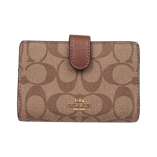 COACH Corner Zip Coated Canvas Wallet Women's Khaki And Brown