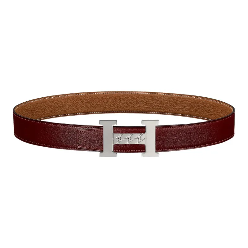 HERMES Togo 5382 Gourmette Silver Buckle Togo Calfskin Double Sided Leather Belt Unisex Hermes Red/Gold Width 3.2cm-0