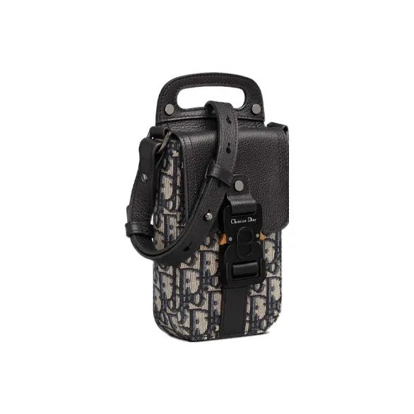 DIOR Grained Calfskin Shoulder Bag, Crossbody Bag With Cell Phone Pouch Regular Men's Black/Beige-1