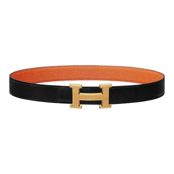 HERMES H Embossed Leather Light Gold Buckle Togo Calfskin Double Sided Leather Belt Women's Black Width  3.2cm