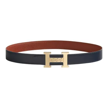 HERMES 5382 Gourmette Gold Buckle Togo Calfskin Double-Sided Leather Belt Unisex Marine Blue/Burnt Red Width: 3.2cm