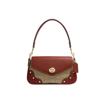 COACH Coated Canvas With Refined Pebbled Leather Handbag Shoulder Bag Women's Khaki With Terracotta