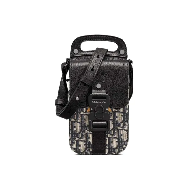 DIOR Grained Calfskin Shoulder Bag, Crossbody Bag With Cell Phone Pouch Regular Men's Black/Beige-0