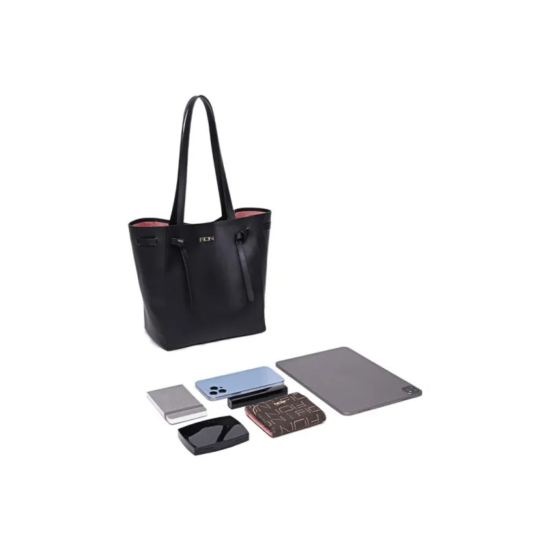 FION Artificial Leather Tote Bag Shoulder Bag Large Size Women's Black-5
